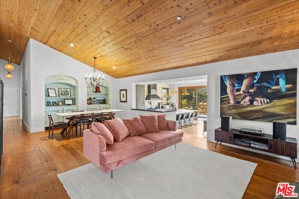 Chandelier, Dining room, Interior, Living room, Pendant Lights, Recessed Lighting, Wooden Ceilings, Wood Texture Flooring