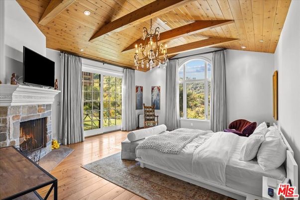 Bedroom, Chandelier, Fireplace, Interior, Recessed Lighting, Wooden Beams, Wooden Ceilings, Wood Texture Flooring