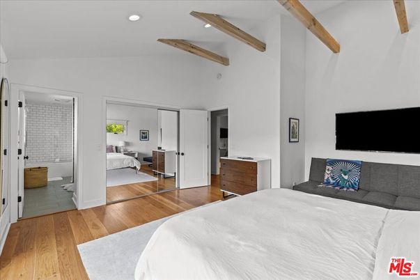 Bedroom, Interior, Recessed Lighting, Wooden Beams, Wood Texture Flooring
