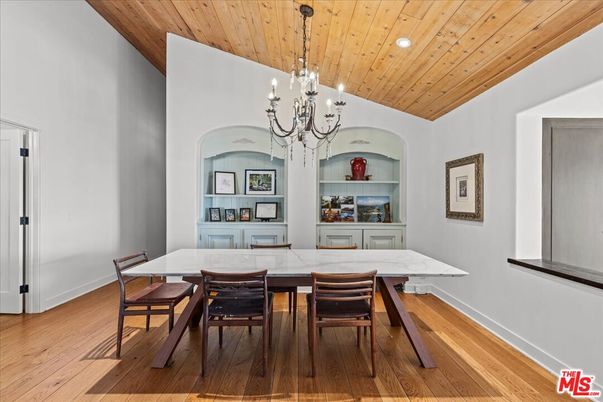 Chandelier, Dining room, Interior, Recessed Lighting, Wooden Ceilings, Wood Texture Flooring