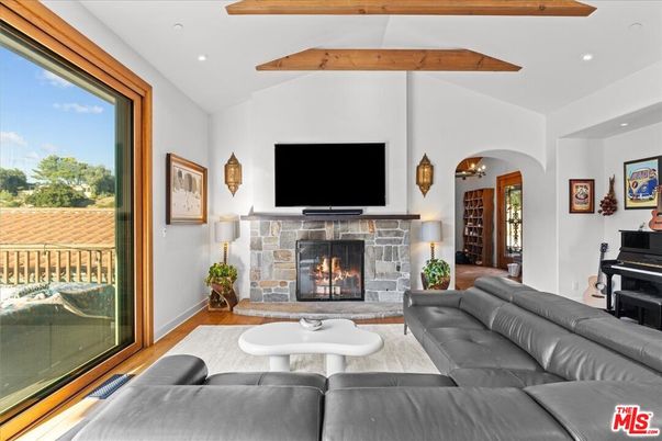 Fireplace, Interior, Living room, Piano, Recessed Lighting, Wooden Beams, Wood Texture Flooring