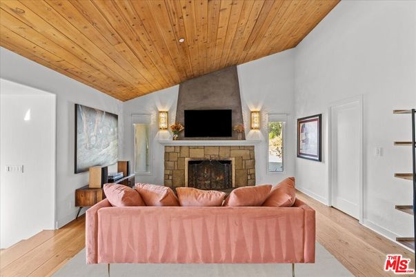 Fireplace, Interior, Living room, Recessed Lighting, Wooden Ceilings, Wood Texture Flooring