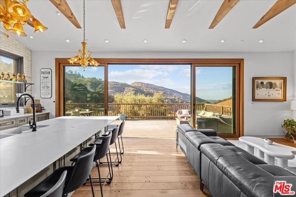 Chandelier, Interior, Kitchen, Recessed Lighting, Wooden Beams, Wood Texture Flooring
