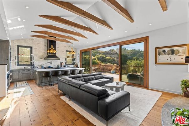 Interior, Living room, Pendant Lights, Recessed Lighting, Stone Walls, Wooden Beams, Wood Texture Flooring
