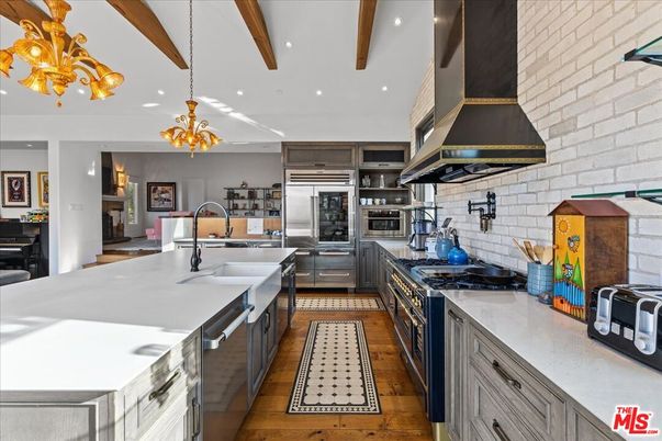 Interior, Kitchen, Pendant Lights, Recessed Lighting, Stainless Steel Appliances, Stone Walls, Wooden Beams, Wood Texture Flooring