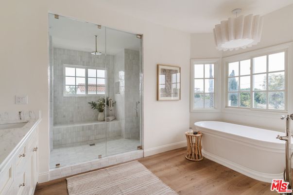 Bathroom, Glass Shower, Interior, Pendant Lights, Wood Texture Flooring