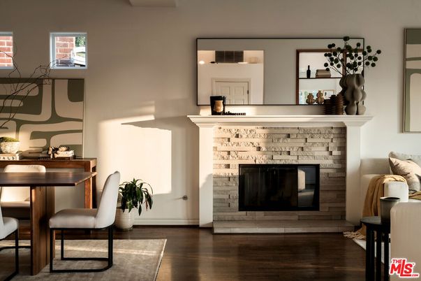 Dining room, Fireplace, Interior, Wood Texture Flooring