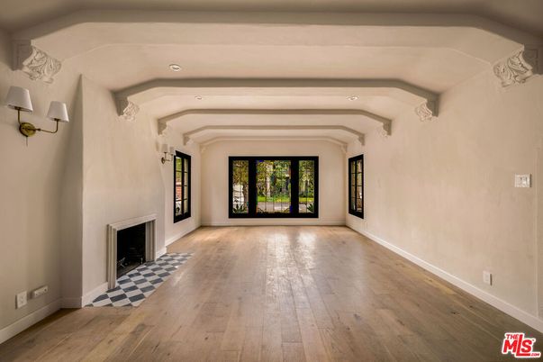 Empty room, Fireplace, Interior, Recessed Lighting, Wood Texture Flooring