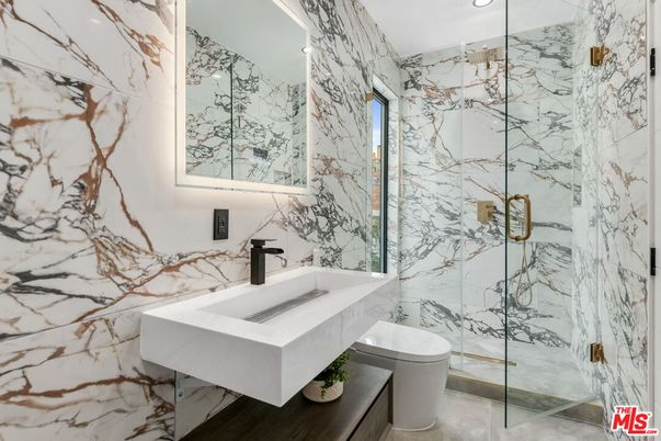 Bathroom, Glass Shower, Interior, Marble Walls, Recessed Lighting