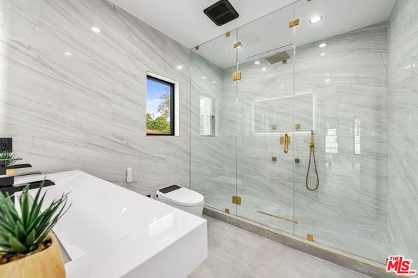 Bathroom, Glass Shower, Interior, Marble Walls, Recessed Lighting