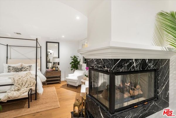 Bedroom, Fireplace, Interior, Recessed Lighting, Wood Texture Flooring