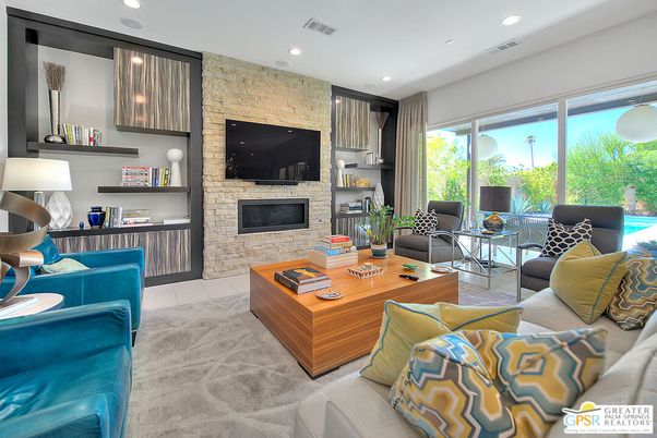 Fireplace, Interior, Living room, Recessed Lighting, Stone Walls