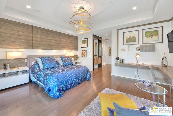 Bedroom, Interior, Pendant Lights, Recessed Lighting, Wood Texture Flooring
