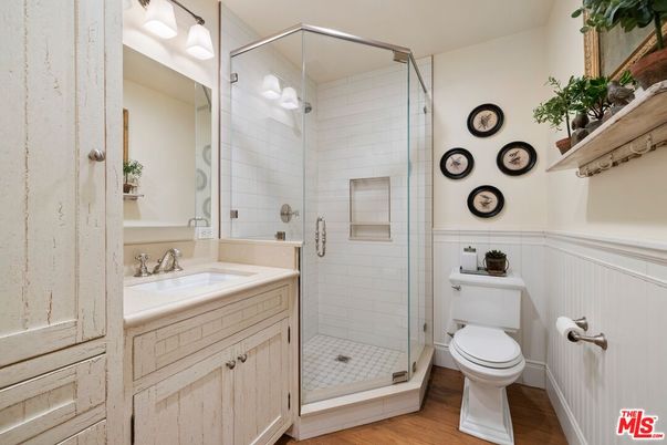 Bathroom, Glass Shower, Interior, Wood Texture Flooring
