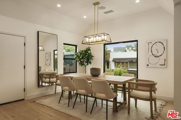 Dining room, Interior, Pendant Lights, Recessed Lighting, Wood Texture Flooring