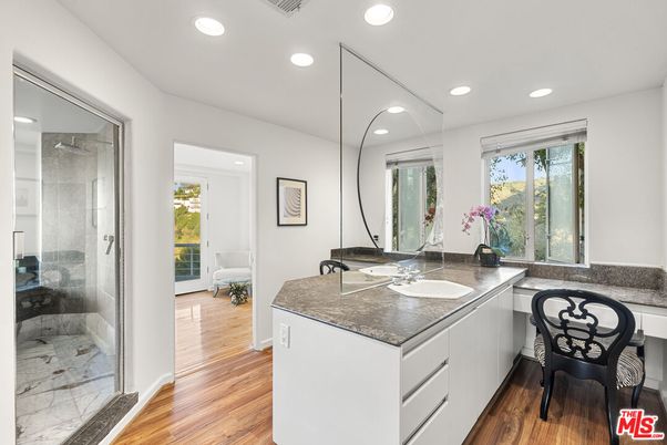 Bathroom, Glass Shower, Interior, Recessed Lighting, Wood Texture Flooring