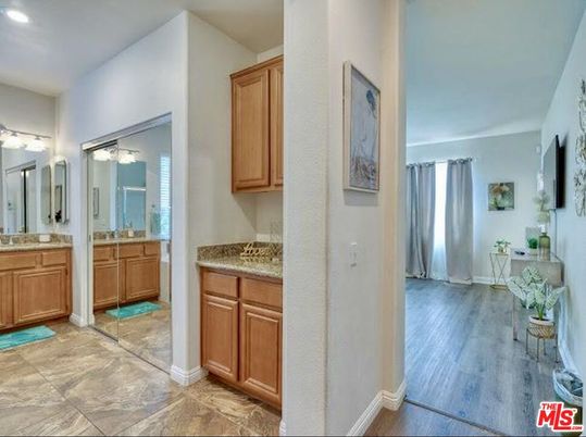 Bathroom, Dual Sink Vanities, Interior, Recessed Lighting, Wood Texture Flooring