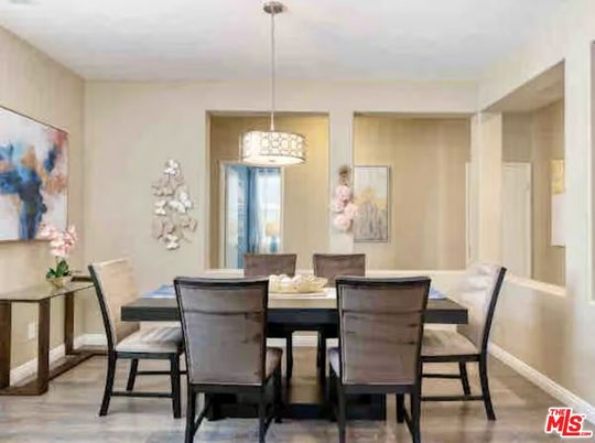 Dining room, Interior, Pendant Lights, Wood Texture Flooring