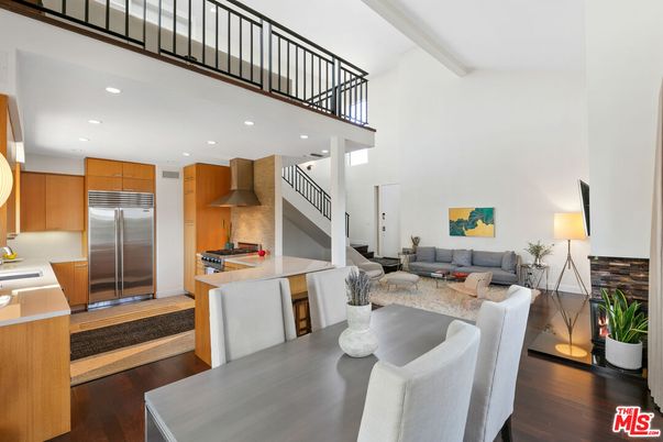 Dining room, Interior, Kitchen, Living room, Recessed Lighting, Stainless Steel Appliances, Wood Texture Flooring