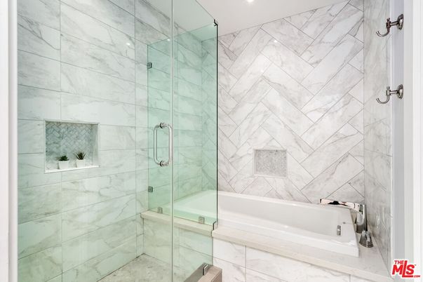 Bathroom, Glass Shower, Interior, Marble Walls, Recessed Lighting
