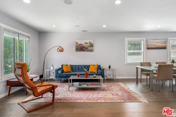 Dining room, Interior, Living room, Recessed Lighting, Wood Texture Flooring