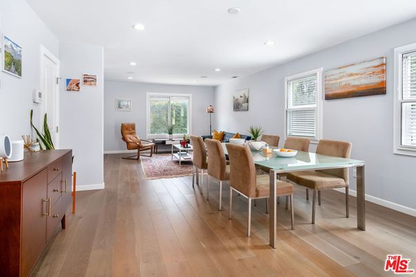 Dining room, Interior, Living room, Recessed Lighting, Wood Texture Flooring