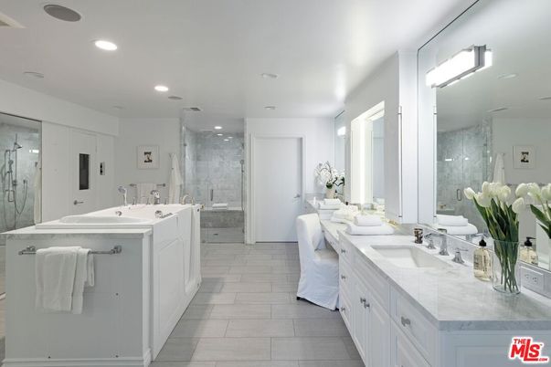 Bathroom, Dual Sink Vanities, Glass Shower, Interior, Marble Walls, Recessed Lighting