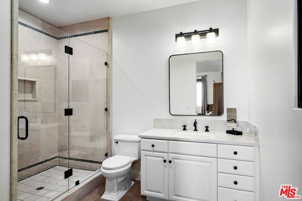 Bathroom, Glass Shower, Interior, Recessed Lighting, Tile Countertops