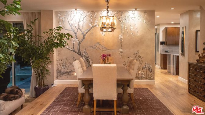 Dining room, Interior, Marble Walls, Pendant Lights, Recessed Lighting, Wood Texture Flooring