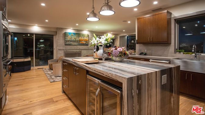 Fireplace, Interior, Kitchen, Pendant Lights, Recessed Lighting, Stainless Steel Appliances, Wood Texture Flooring