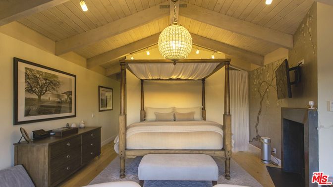 Bedroom, Fireplace, Interior, Pendant Lights, Wooden Beams, Wooden Ceilings, Wood Texture Flooring