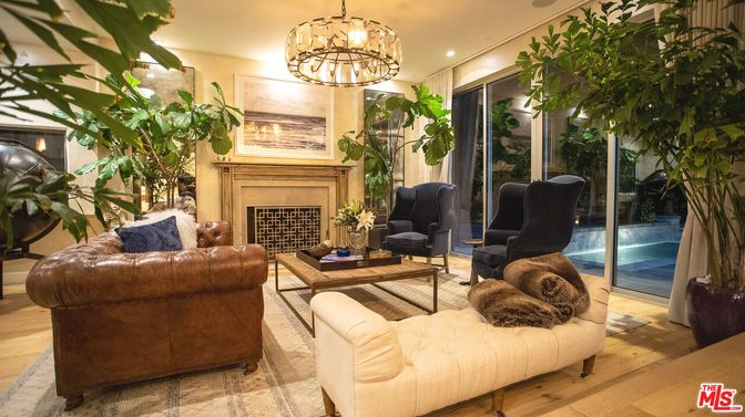 Chandelier, Fireplace, Interior, Living room, Recessed Lighting, Wood Texture Flooring