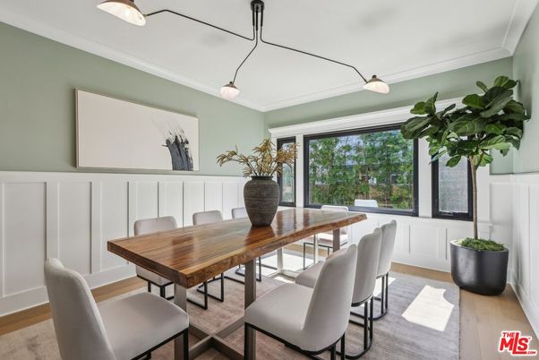 Dining room, Interior, Pendant Lights, Wood Texture Flooring
