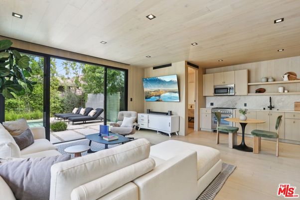 Interior, Kitchen, Living room, Recessed Lighting, Stainless Steel Appliances, Wooden Ceilings, Wood Texture Flooring