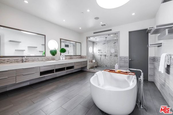 Bathroom, Dual Sink Vanities, Free Standing Baths, Glass Shower, Interior, Recessed Lighting, Wood Texture Flooring