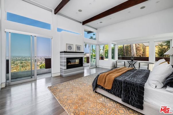 Bedroom, Fireplace, Interior, Recessed Lighting, Wooden Beams, Wood Texture Flooring