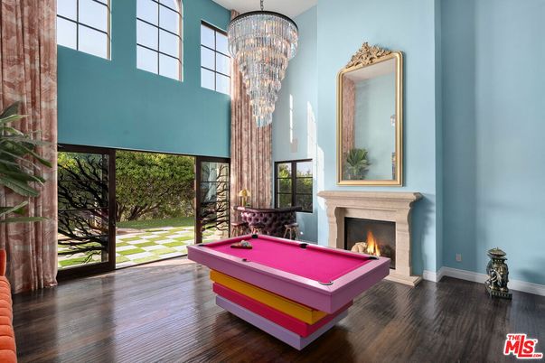 Billiard Table, Chandelier, Fireplace, Game Room, Interior, Wood Texture Flooring