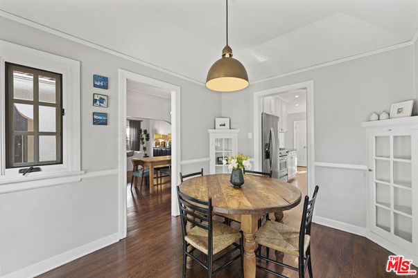 Dining room, Fireplace, Interior, Kitchen, Pendant Lights, Wood Texture Flooring