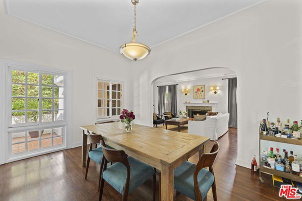 Dining room, Fireplace, Interior, Pendant Lights, Wood Texture Flooring