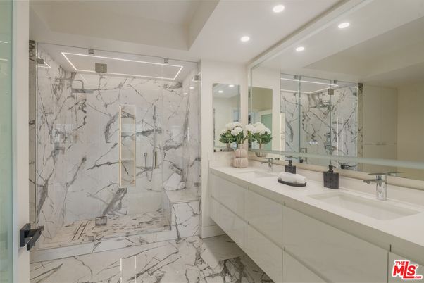 Bathroom, Dual Sink Vanities, Interior, Marble, Marble Walls, Recessed Lighting