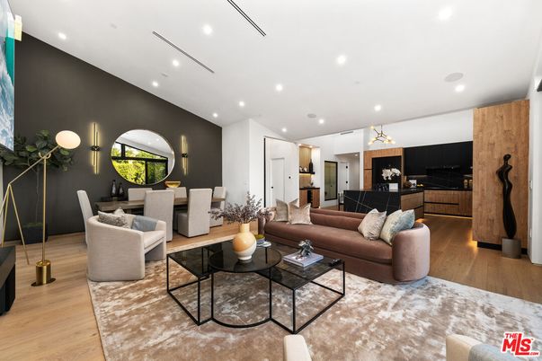 Dining room, Interior, Living room, Pendant Lights, Recessed Lighting, Wood Texture Flooring
