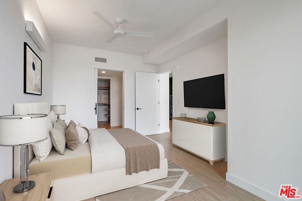 Bedroom, Interior, Recessed Lighting, Wood Texture Flooring