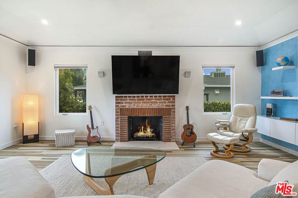 Fireplace, Interior, Living room, Recessed Lighting, Wood Texture Flooring