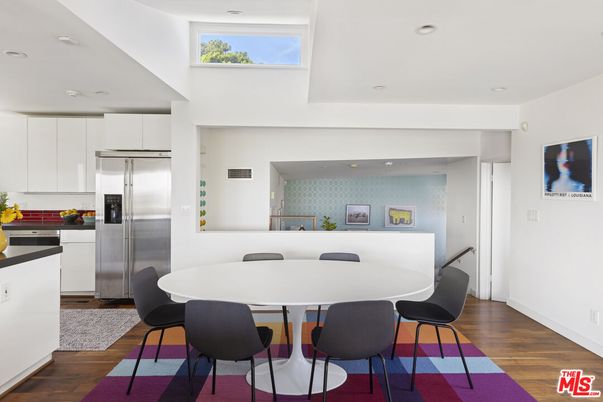 Dining room, Interior, Kitchen, Recessed Lighting, Stainless Steel Appliances, Wood Texture Flooring