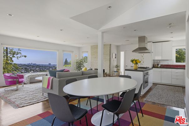 Dining room, Interior, Kitchen, Living room, Recessed Lighting, Stainless Steel Appliances, Wood Texture Flooring