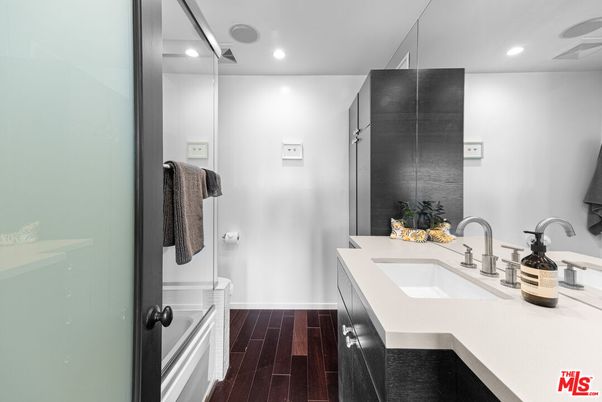 Bathroom, Dual Sink Vanities, Interior, Recessed Lighting, Wood Texture Flooring