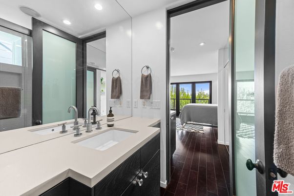 Bathroom, Bedroom, Dual Sink Vanities, Interior, Recessed Lighting, Wood Texture Flooring