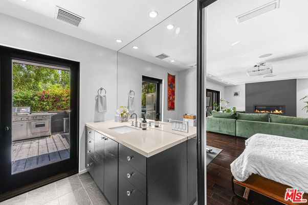Bathroom, Fireplace, Interior, Living room, Recessed Lighting, Wood Texture Flooring