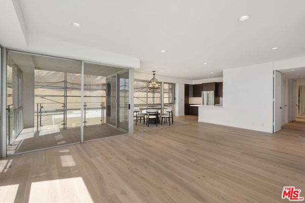 Chandelier, Dining room, Empty room, Interior, Kitchen, Recessed Lighting, Wood Texture Flooring