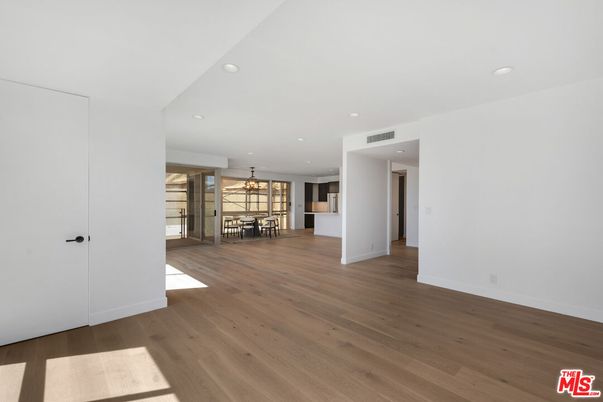 Chandelier, Dining room, Empty room, Interior, Recessed Lighting, Wood Texture Flooring